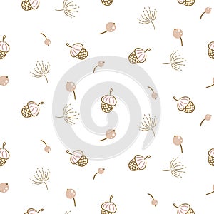 Botanical seamless pattern texture with acorns and dandelions.