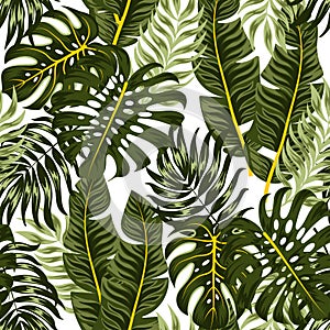 Botanical seamless tropical pattern with bright plants and leaves on a colorful background. Summer colorful Hawaiian seamless