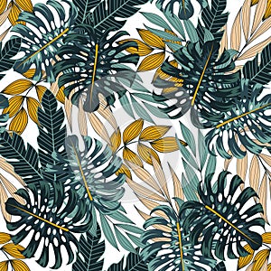 Botanical seamless tropical pattern with bright plants and leaves on a colorful background. Summer colorful Hawaiian seamless