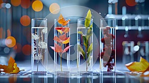Botanical Specimens in Test Tubes with Magical Bokeh Background. Generative ai photo