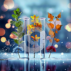 Botanical Specimens in Test Tubes with Magical Bokeh Background. Generative ai photo