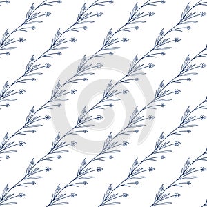 Botanical vector illustration of painted small floral template and outline drawing elements. Rustic vintage blue leaves and hand