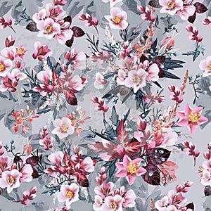 Botanical vector pattern with pink cherry flowers ideal for fashion textileBotanical vector pattern with pink cherry flowers ideal