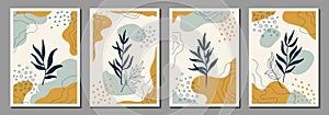 Botanical wall art. Abstract organic vector shapes, leaves, plants. Set of natural template, cover, poster, greeting card, frame,