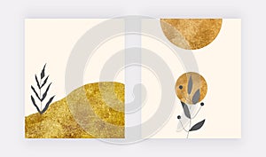 Botanical wall art prints with golden texture and black leaves.