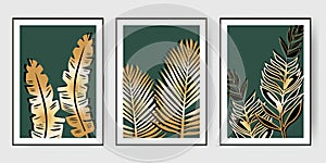 Botanical wall art vector set. Golden foliage line art drawing with watercolor. Abstract Plant Art design for wall framed prints,