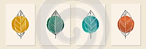 Botanical wall art vector set. leaf line art drawing with abstract watercolor circle. Abstract Plant Art design for print, cover,