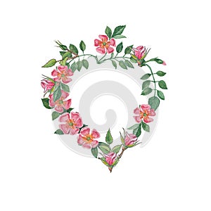 Botanical watercolor illustration of wildroses heart frame.