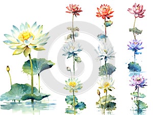 Botanical watercolor painting style of lotus flowers in various colors, Vector Illustration