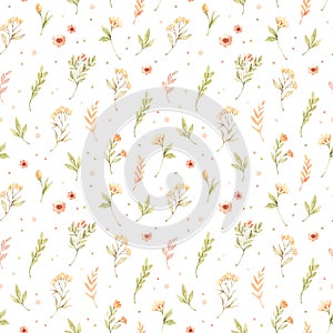 Botanical watercolor seamless pattern. Floral and colorful polka dot background. Cute design of flowers and leaves. Greenery.