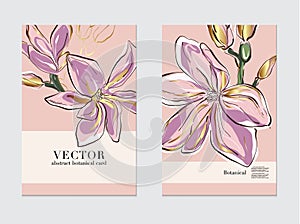 Botanical wedding invitation, business flyer template, greeting card. Magnolia design,  pink gold flowers and leaves soft