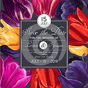 Botanical wedding invitation card design with tulip flowers.