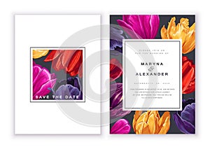 Botanical wedding invitation card. Template design with colorful tulip flowers and petals on a black background.