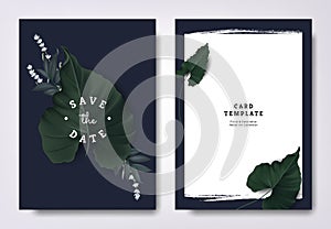 Botanical wedding invitation card template design, hearted shape leaves and lavender flowers on dark blue background