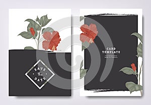 Botanical wedding invitation card template design, hibiscus flowers and leaves with black grunge frame