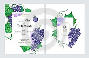 Botanical wedding invitation card template design, purple grapes fruts with leaves.