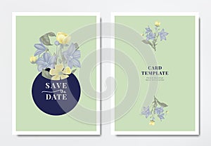 Botanical wedding invitation card template design, purple Platycodon or balloon flowers and small yellow flowers with leaves