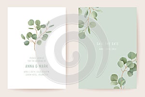 Botanical wedding invitation card template design, realistic leaves greenery frame set