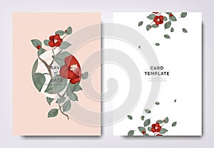 Botanical wedding invitation card template design, red Japanese camellia flowers and leaves with circle frame on orange background