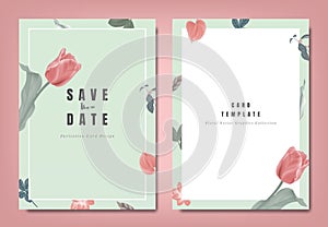 Botanical wedding invitation card template design, red tulip flowers and leaves on green, minimalist vintage style