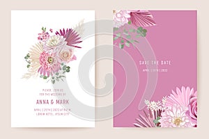 Botanical wedding invitation card template design, tropical palm leaves frame set, dry rose flowers