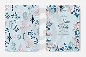 Botanical wedding invitation card template design, white and blue and pink leaves on white background.