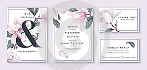 .Botanical wedding invitation card template design, white magnolia flowers and leaves.