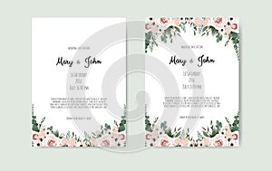 Botanical wedding invitation card template design, white and pink flowers on white background.