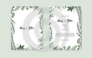 Botanical wedding invitation card template design, white and pink flowers on white background.