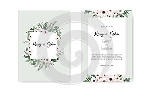 Botanical wedding invitation card template design, white and pink flowers on white background.