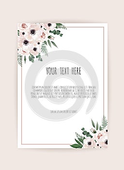Botanical wedding invitation card template design, white and pink flowers on white background.