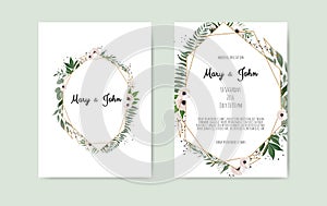 Botanical wedding invitation card template design, white and pink flowers on white background.