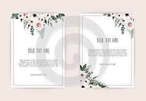 Botanical wedding invitation card template design, white and pink flowers on white background.