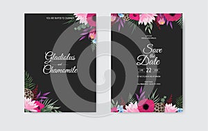 Botanical wedding invitation card template design, white and pink flowers on white background.