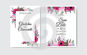 Botanical wedding invitation card template design, white and pink flowers on white background.