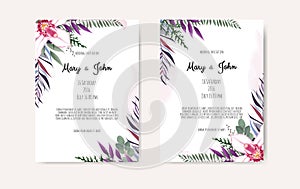 Botanical wedding invitation card template design, white and pink flowers on white background.