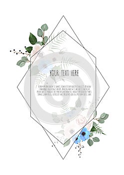 Botanical wedding invitation card template design, white and pink flowers on white and black background.