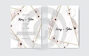 Botanical wedding invitation card template design, white and pink flowers on white and black background.