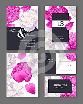 Botanical wedding invitation card. Template design with white and pink peonies flowers and petals.