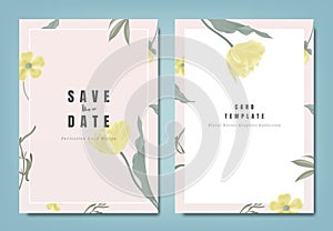 Botanical wedding invitation card template design, yellow tulip flowers and leaves on light red, minimalist vintage