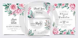 Botanical wedding invitation card template set with watercolor flowers decoration. Peach roses illustration for background, save