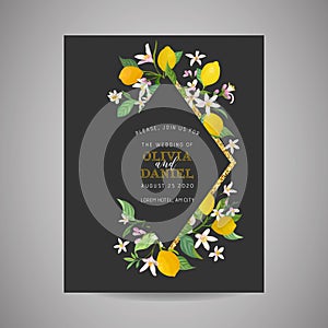 Botanical wedding invitation card, vintage Save the Date, template design of lemons fruit flowers and leaves, blossom illustration