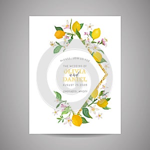 Botanical wedding invitation card, vintage Save the Date, template design of lemons fruit flowers and leaves, blossom illustration