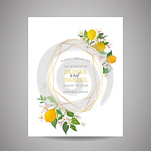 Botanical wedding invitation card, vintage Save the Date, template design of lemons fruit flowers and leaves, blossom illustration