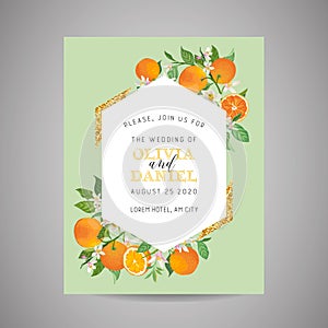 Botanical wedding invitation card, vintage Save the Date, template design of orange, citrus fruit, flowers and leaves, blossom