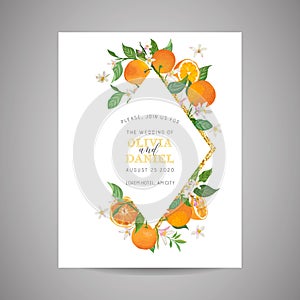 Botanical wedding invitation card, vintage Save the Date, template design of orange, citrus fruit, flowers and leaves, blossom
