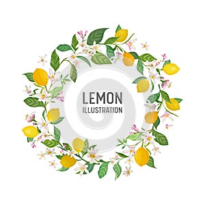 Botanical wedding invitation card, vintage Save the Date, template frame design of lemons fruit flowers and leaves, blossom
