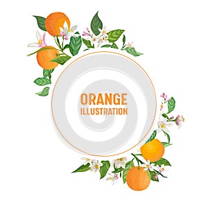 Botanical wedding invitation card, vintage Save the Date, template frame design of orange, citrus fruit, flowers and leaves