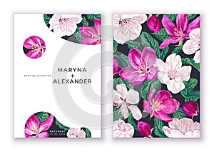 Botanical wedding invitation. Design template with blooming fruit trees in white and pink colors.