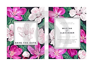 Botanical wedding invitation. Design template with white and pink flowers of fruit trees.